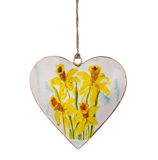 Daffodil hanging tin heart.