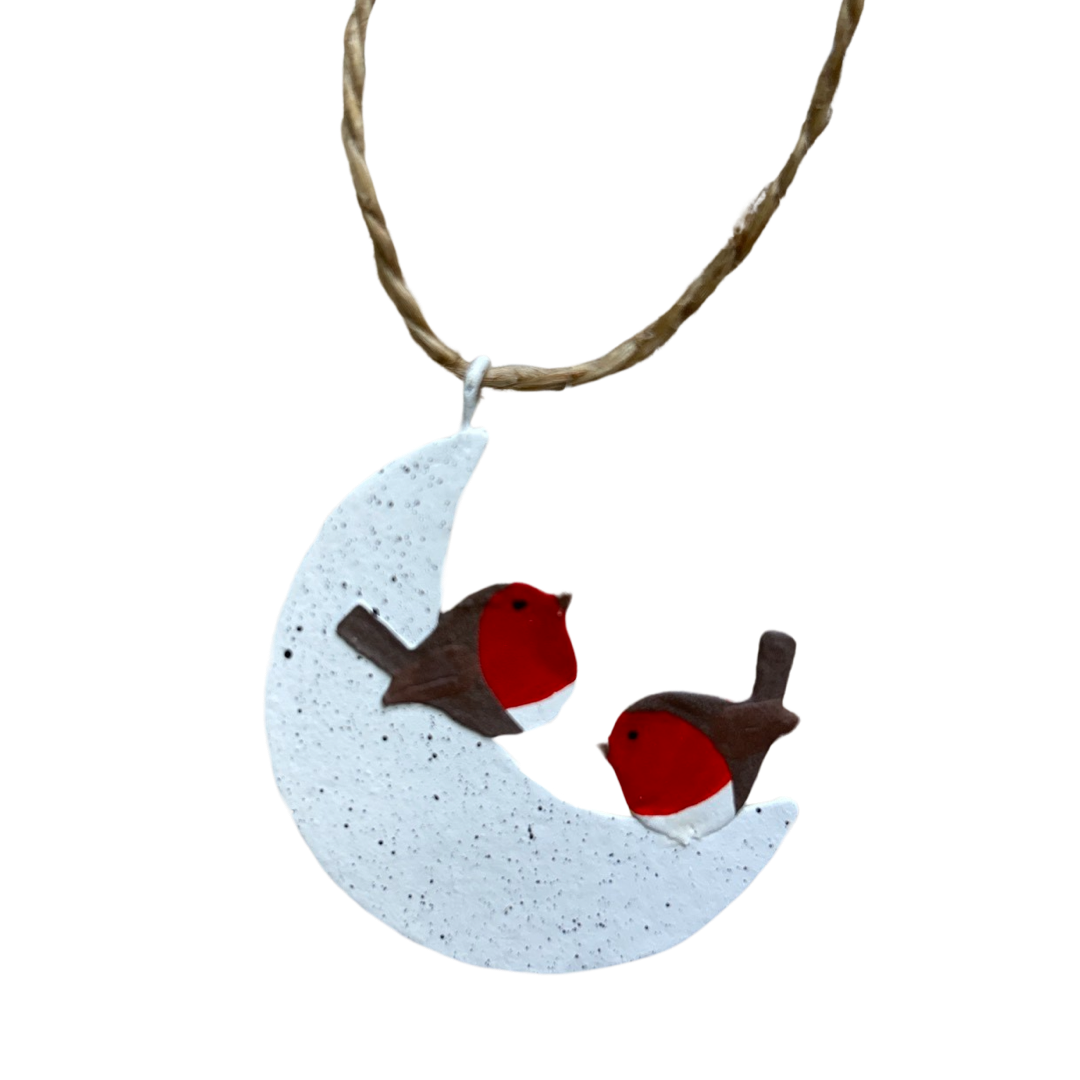Two robins on the moon Christmas tree decoration