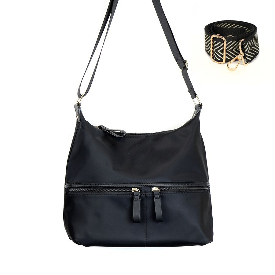 Black recycled nylon scoop bag with free chevron strap by POM