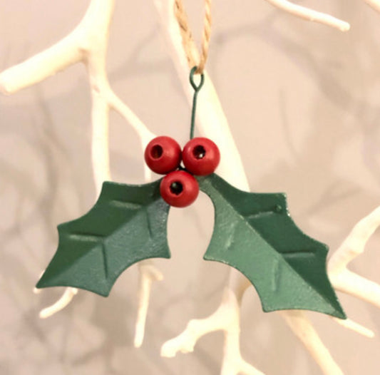 Hanging holly Christmas decorations by Shoeless Joe
