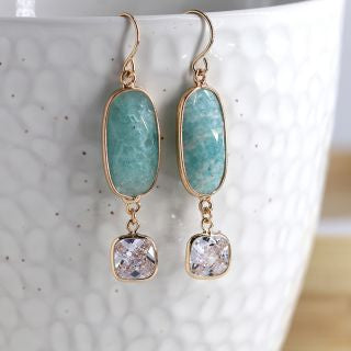 Aqua stone and crystal golden set drop earrings by POM