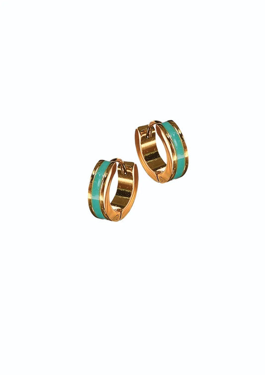 Mini striped turquoise hoop earrings gold 18k plate stainless steel