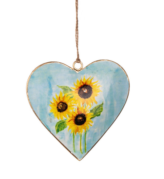 Sunflower hanging tin heart.
