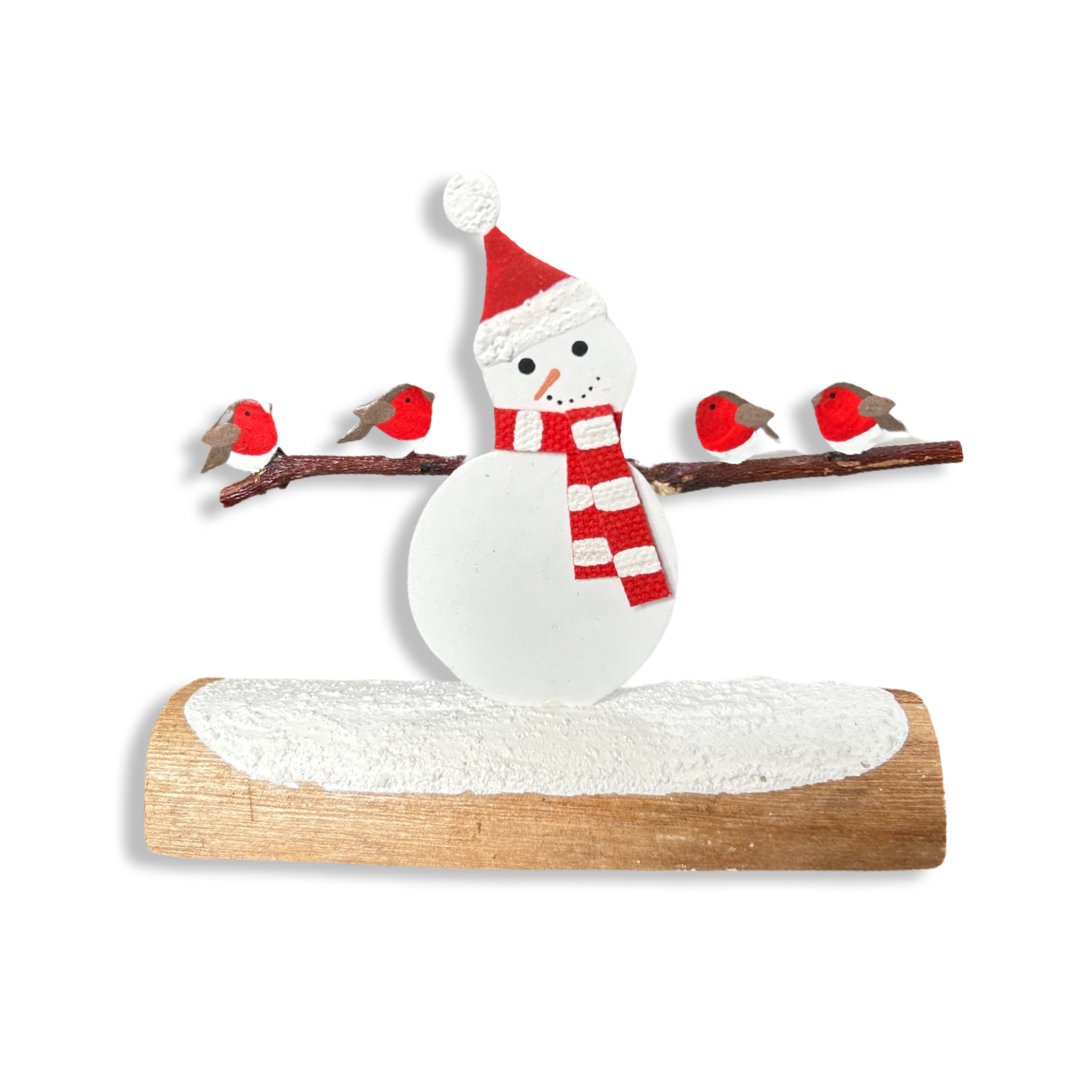 Snowman with 4 robin friends standing Christmas ornament by shoeless joe
