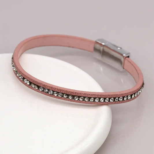 Pale pink leather and crystal magnetic bracelet