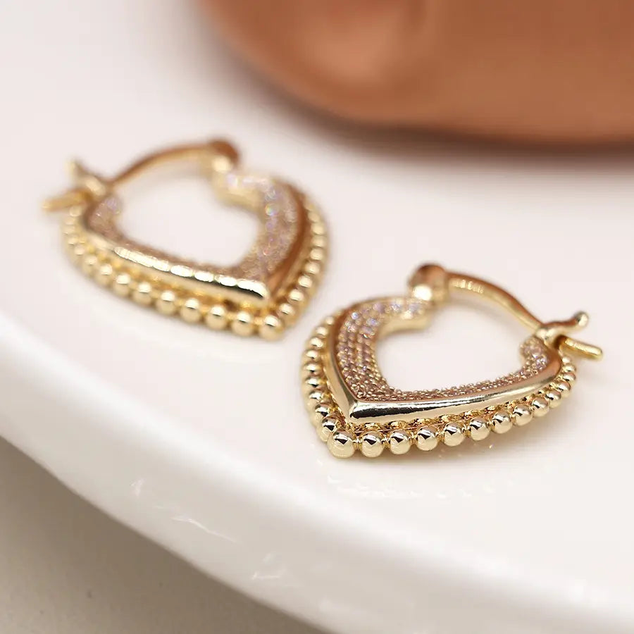 Faux gold v-point hoop earrings with multi crystal inset and decorative edge