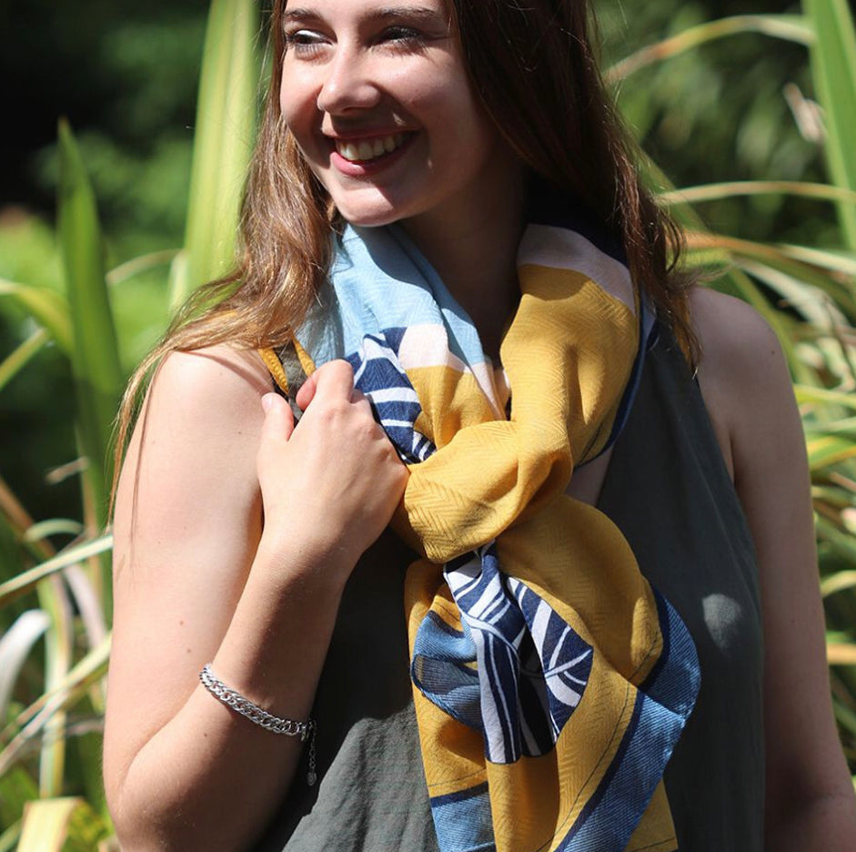 Yellow mix colour block graphic leaf print scarf