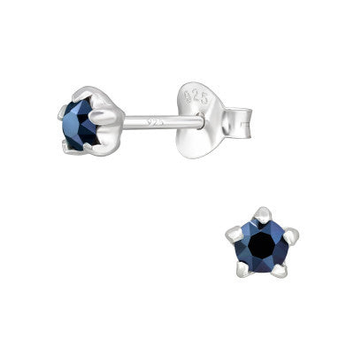 Round Sterling Silver Crystal Ear Studs. Metallic blue