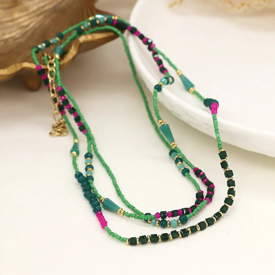 Long boho bead necklace in cerise green and gold