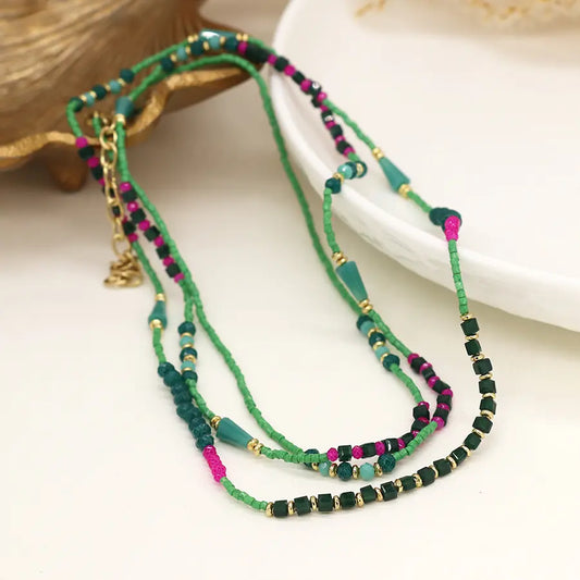 Long boho bead necklace in cerise green and gold