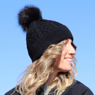 Black cable twist knit and faux fur bobble hat