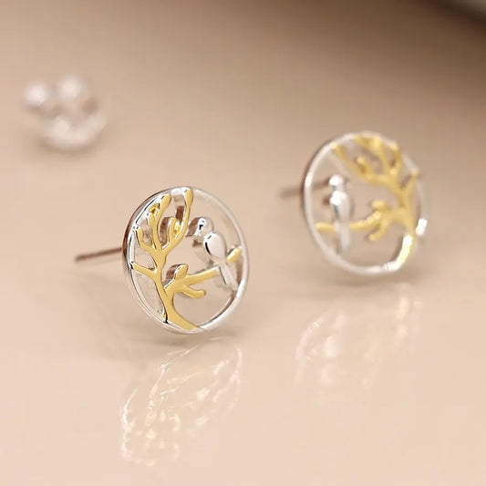 Sterling silver bird and gold tree circle earrings