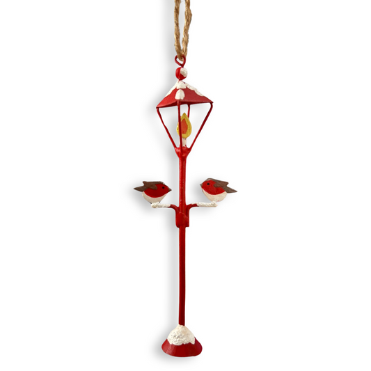 Robin couple on a lamp post hanging Christmas decoration