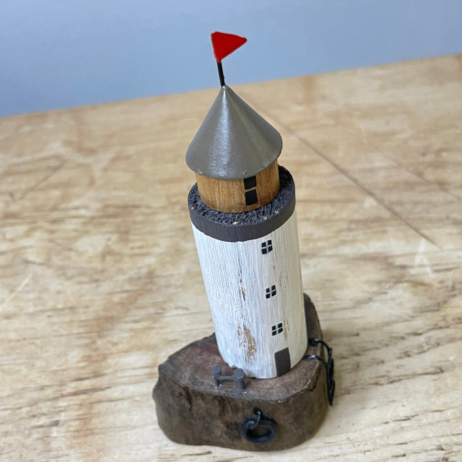 Wooden lighthouse ornament - grey & white or blue stripe.  By Shoeless Joe