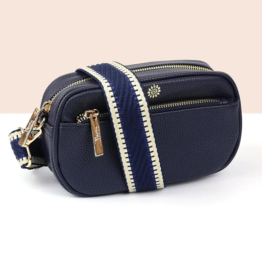 Navy vegan leather camera bag with removable strap