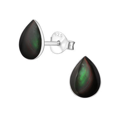 Black tear drop sterling silver studs