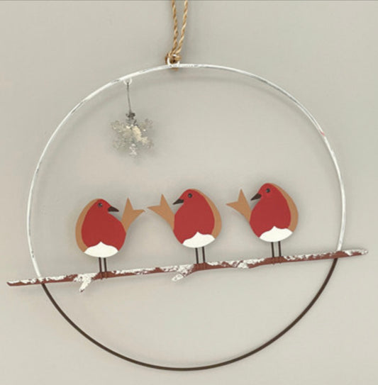 Three robins on a branch hanging wreath Christmas decoration by Shoeless Joe