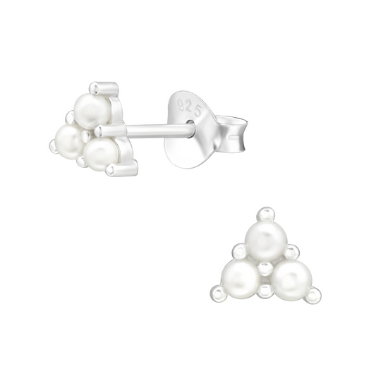 Trio of pearls sterling silver triangle stud earrings