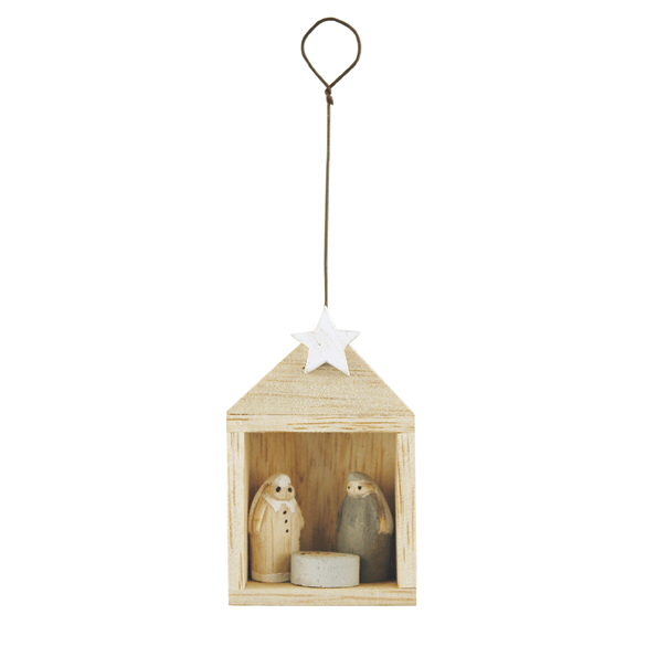 Hanging Tiny wooden nativity set in stable