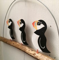 3 puffins in sunglasses on driftwood hanging decoration by Shoeless Joe