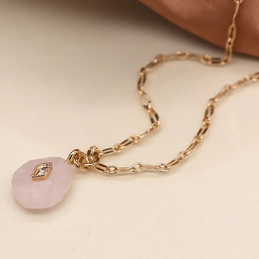 Golden fine chain and pink stone pendant necklace