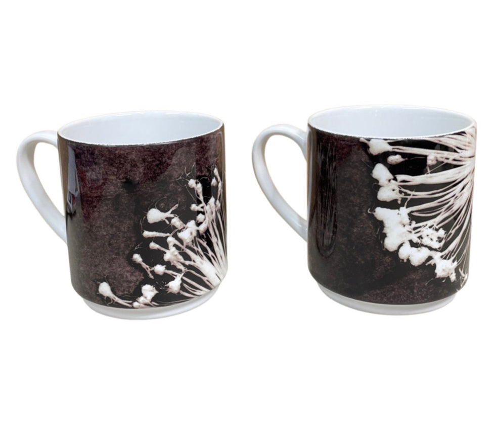 Alliums design White & Charcoal Grey Stacking Mug, Set of 4 by Gillian Arnold