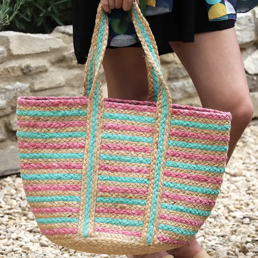 Pink and aqua recycled paper and jute bag