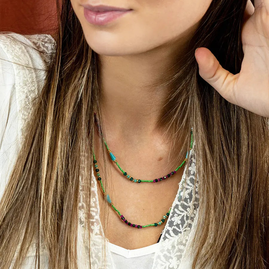 Long boho bead necklace in cerise green and gold