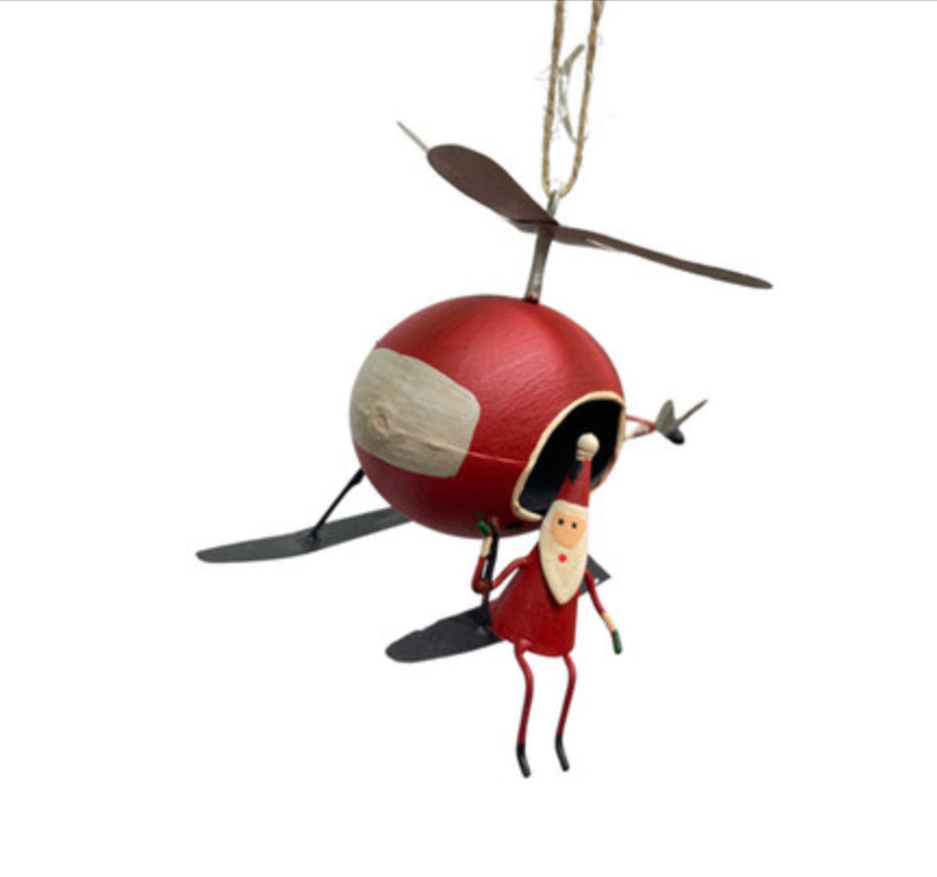Father Christmas in a helicopter hanging Christmas decoration Shoeless Joe