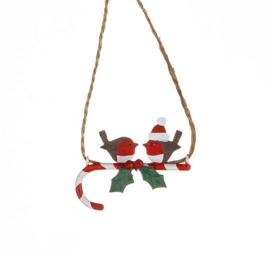 Two Robins on a  Candy Cane.  Christmas tree decoration.