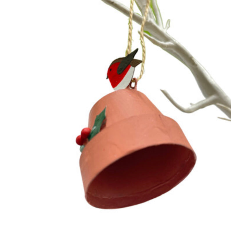 Robin sitting on plant pot Christmas tree decoration by Shoeless Joe