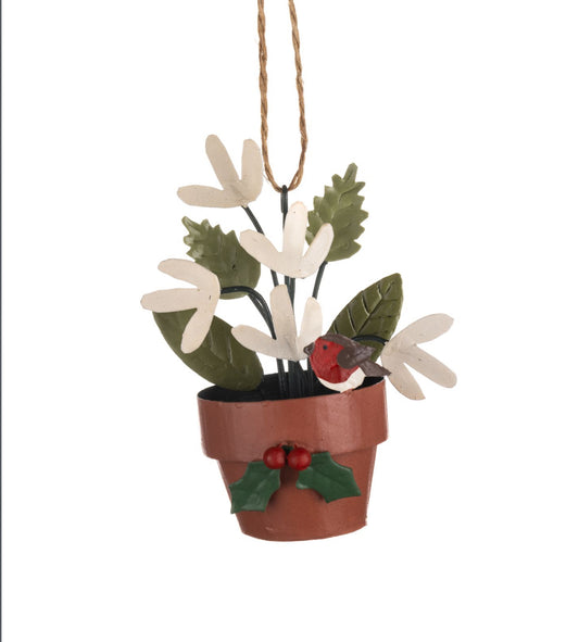 Floral Plant Pot with Robin Hanging Christmas decoration