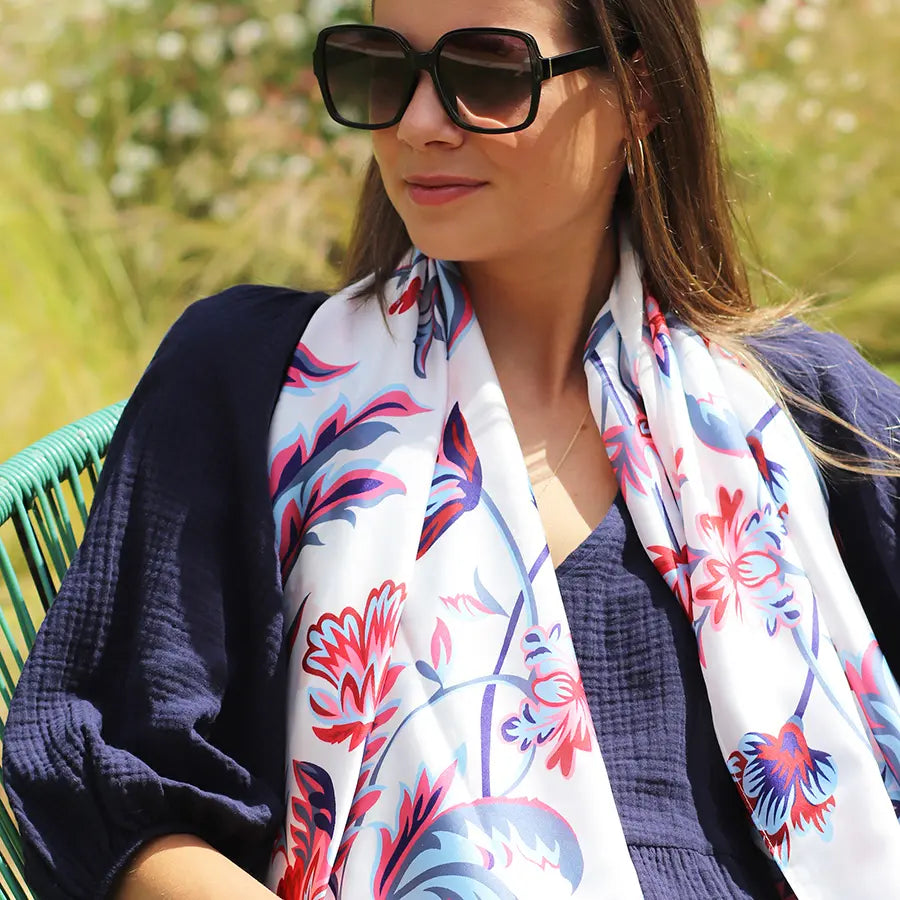 Silky blue and red paisley floral print recycled yarn scarf