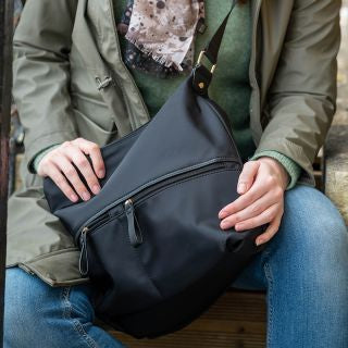 Black recycled nylon scoop bag with free chevron strap by POM