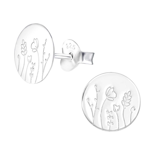 Flower boarder drawing sterling silver stud earrings