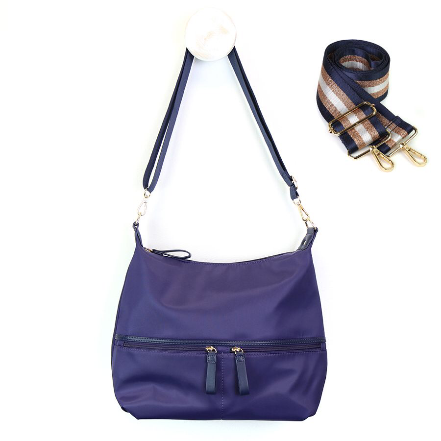 Indigo recycled nylon scoop bag with free striped strap by POM