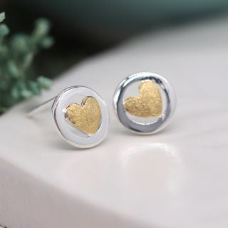 Circle & gold heart sterling silver earrings