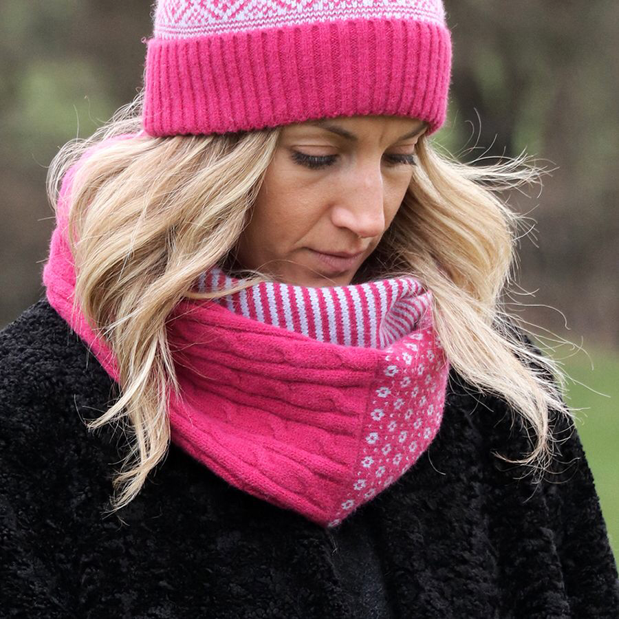 Magenta stripe, scandi and cable knit snood