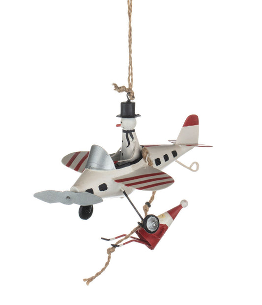 Snowman flying Aeroplane with hanging Santa christmas decoration