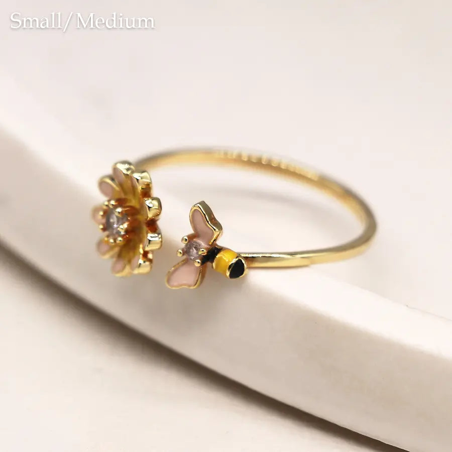 Gold plated open band enamel flower and bee ring s/m