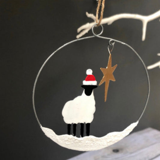 Winter sheep with star small hoop decoration by Shoeless Joe