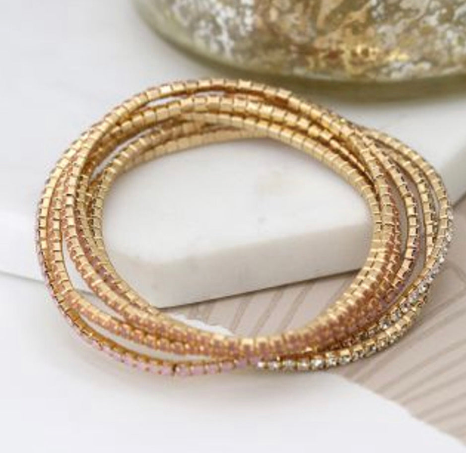 Multi strand gold plated & blush crystal bracelets by Pom