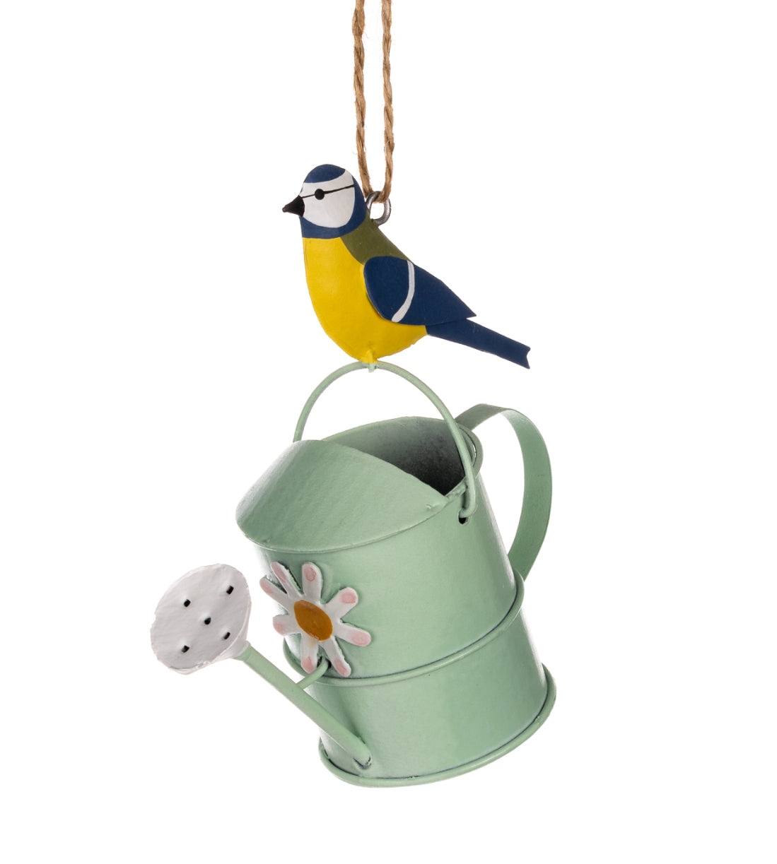 Blue tit on a watering can hanging decoration