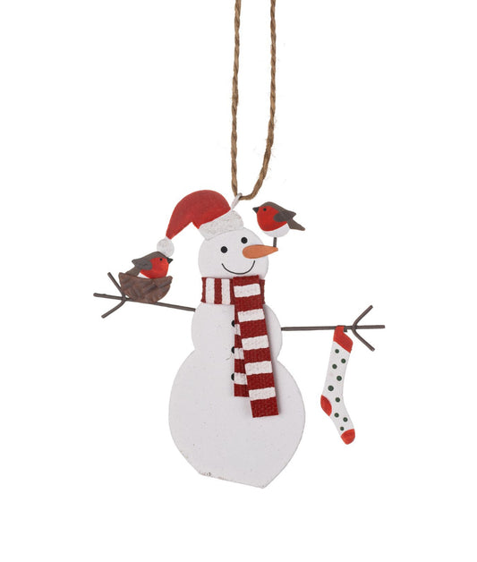 Snowman with robin friends hanging Christmas decoration