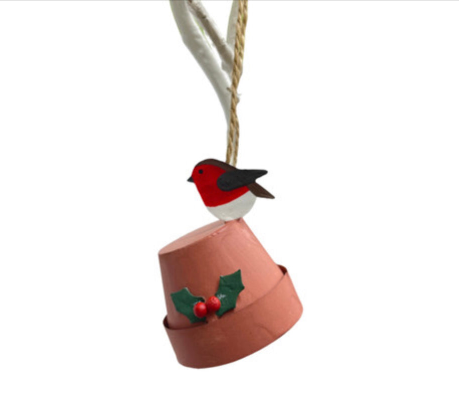 Robin sitting on plant pot Christmas tree decoration by Shoeless Joe