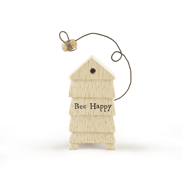 Bee happy beehive wooden ornament