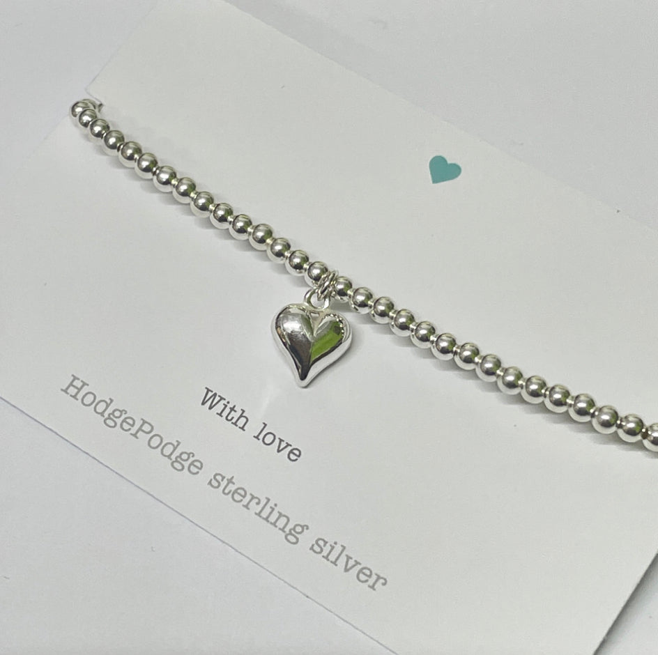 Sterling silver bead bracelet with heart charm