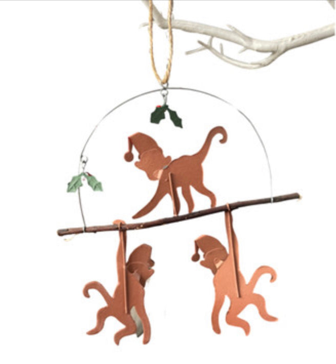 Three cheeky Christmas monkeys,  hanging Christmas decoration by Shoeless Joe