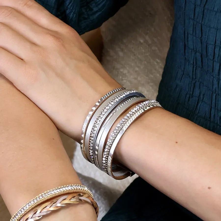 Grey leather, gold and crystal multistrand bracelet