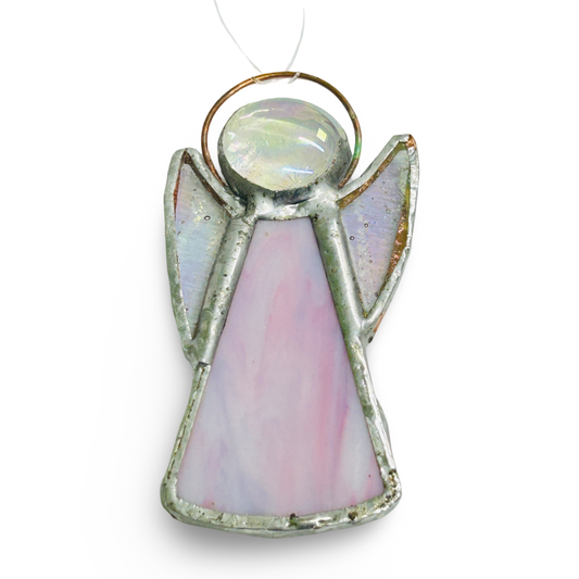 Perc's stained glass guardian angel in pink. Hand-made in Norfolk.